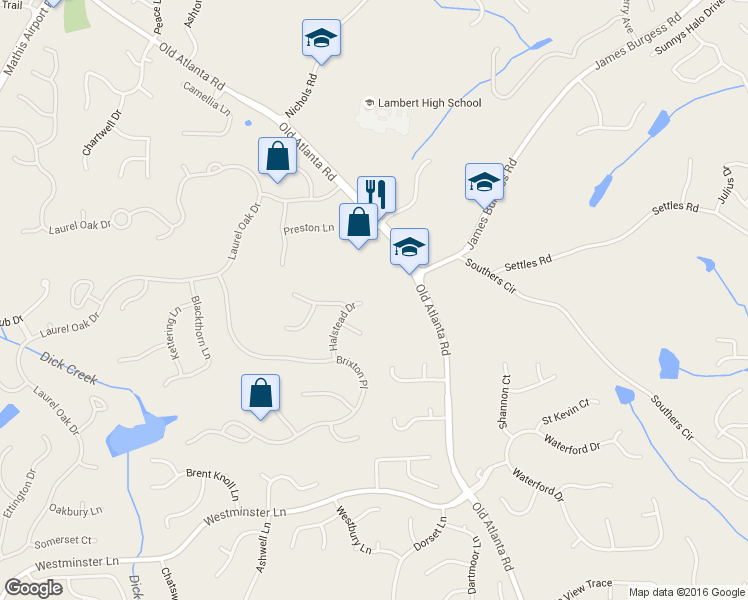 map of restaurants, bars, coffee shops, grocery stores, and more near 10040 Halstead Dr in Suwanee