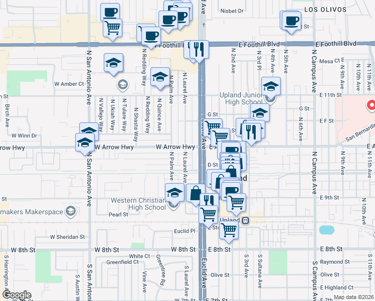 map of restaurants, bars, coffee shops, grocery stores, and more near 92 West Arrow Highway in Upland