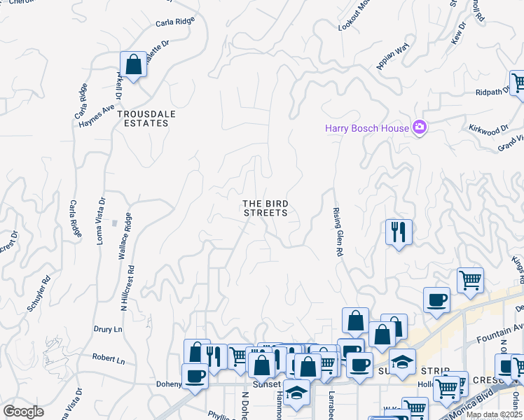 map of restaurants, bars, coffee shops, grocery stores, and more near 1526 North Doheny Drive in Los Angeles