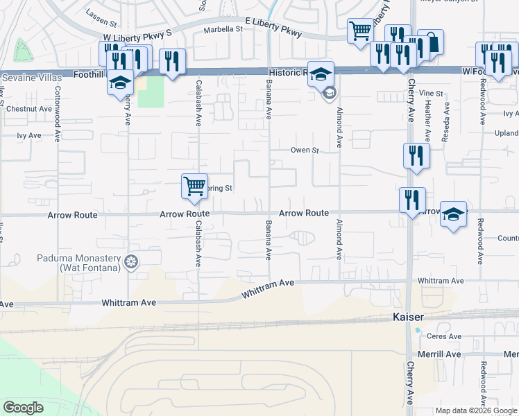 map of restaurants, bars, coffee shops, grocery stores, and more near 14070 Arrow Route in Fontana