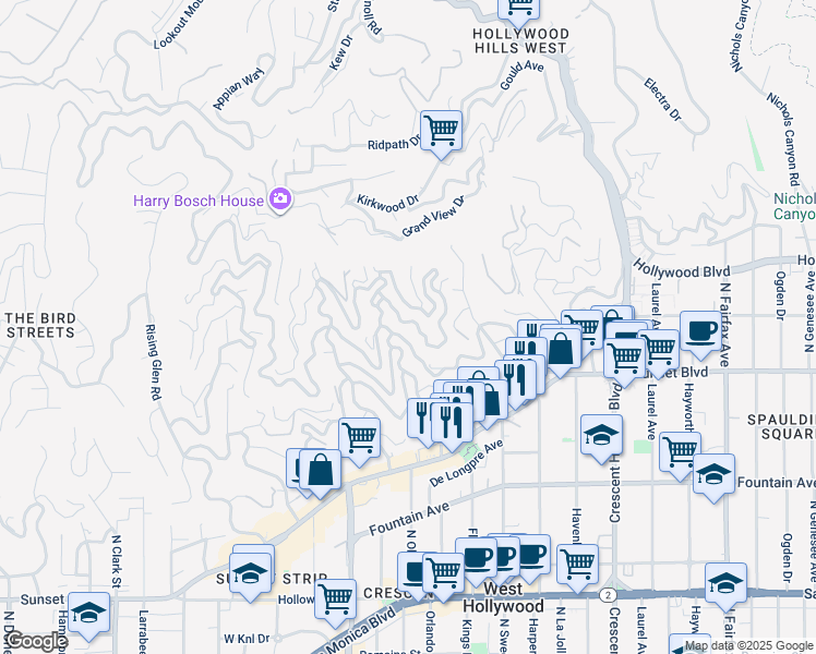 map of restaurants, bars, coffee shops, grocery stores, and more near 8448 Franklin Avenue in Los Angeles