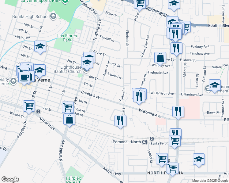 map of restaurants, bars, coffee shops, grocery stores, and more near 2507 Moss Circle in La Verne