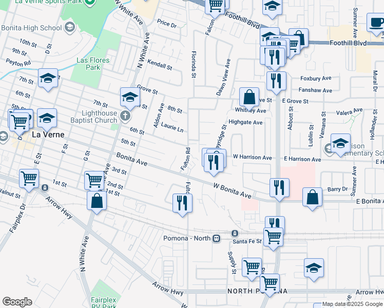 map of restaurants, bars, coffee shops, grocery stores, and more near 2948 Fulton Road in Pomona