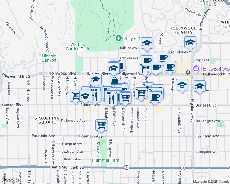 map of restaurants, bars, coffee shops, grocery stores, and more near 7320 Hawthorn Avenue in Los Angeles