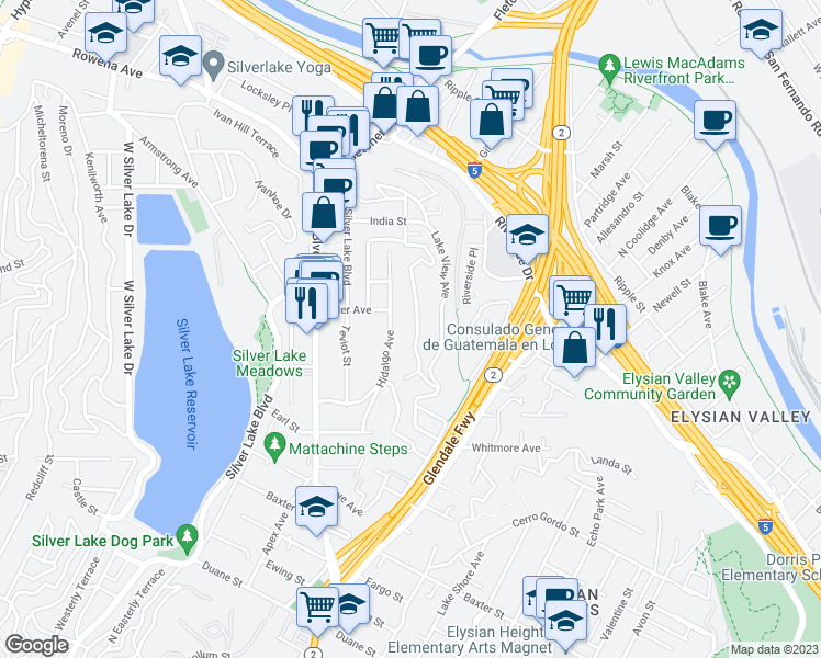 map of restaurants, bars, coffee shops, grocery stores, and more near 2373 Silver Ridge Avenue in Los Angeles