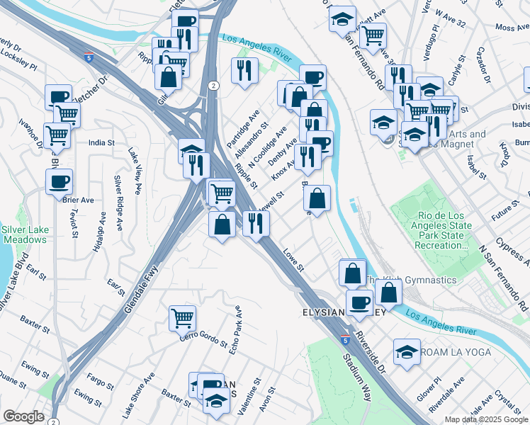 map of restaurants, bars, coffee shops, grocery stores, and more near 2664 Newell Street in Los Angeles