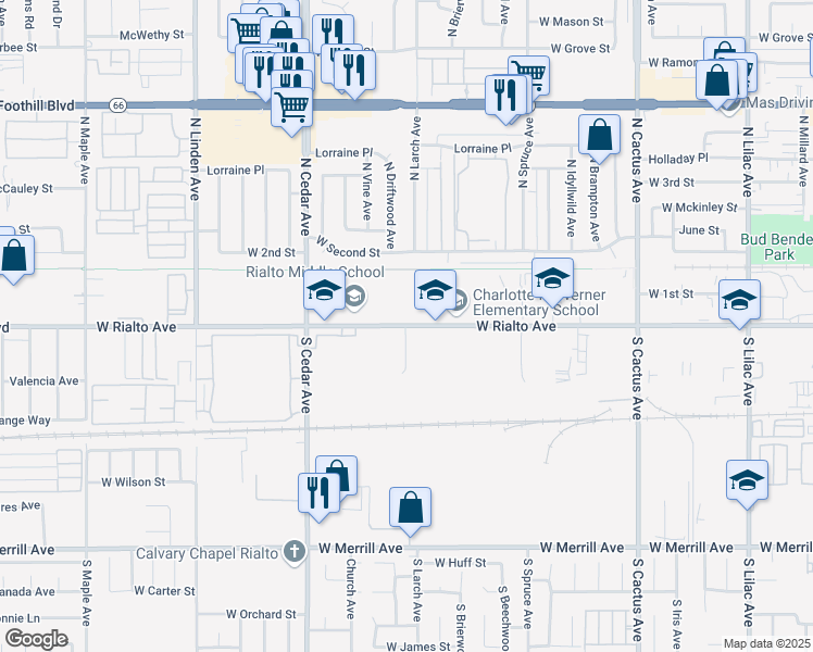 map of restaurants, bars, coffee shops, grocery stores, and more near 100 South Larch Avenue in Rialto