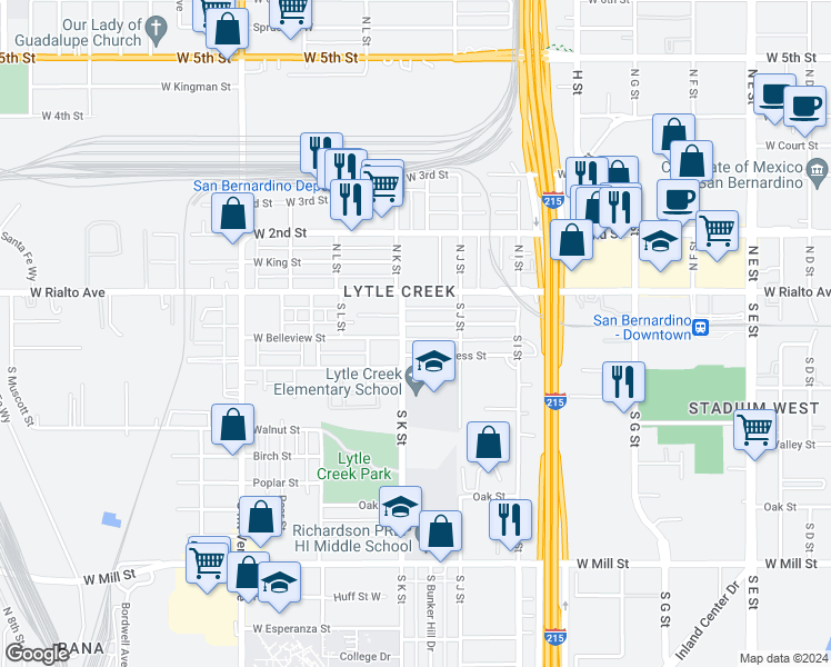 map of restaurants, bars, coffee shops, grocery stores, and more near 1099 West Belleview Street in San Bernardino
