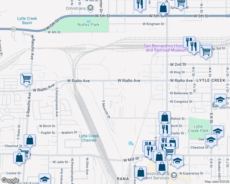 map of restaurants, bars, coffee shops, grocery stores, and more near 1625 West Belleview Street in San Bernardino