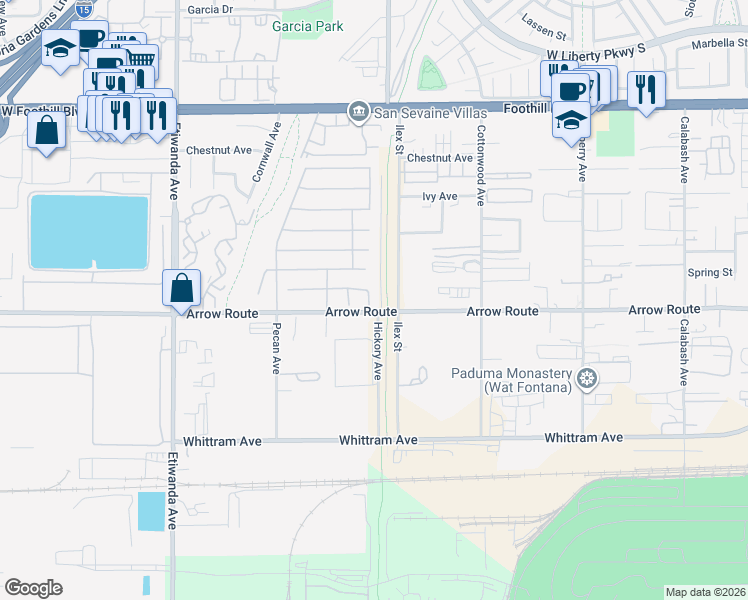 map of restaurants, bars, coffee shops, grocery stores, and more near 8474 Ilex Street in Fontana