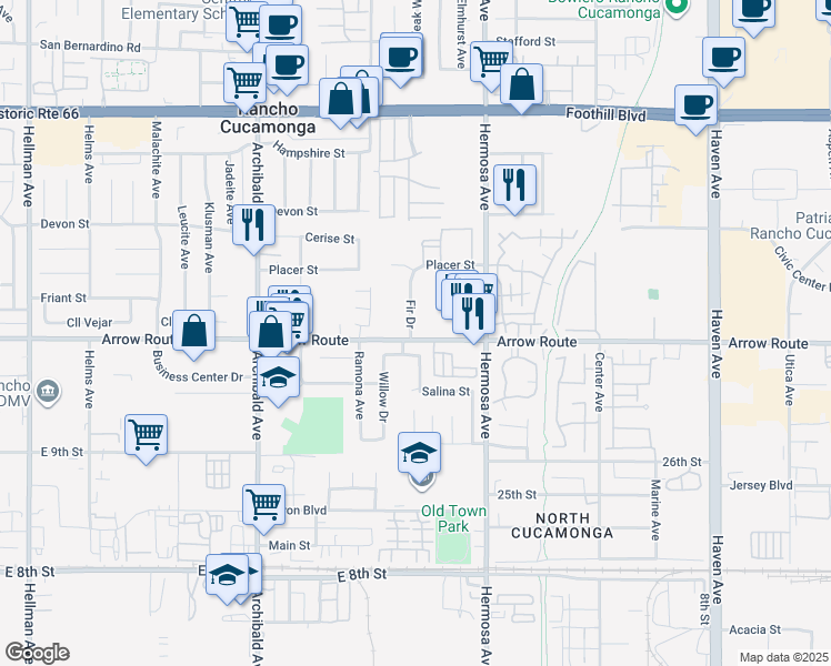 map of restaurants, bars, coffee shops, grocery stores, and more near 8478 Fir Drive in Rancho Cucamonga
