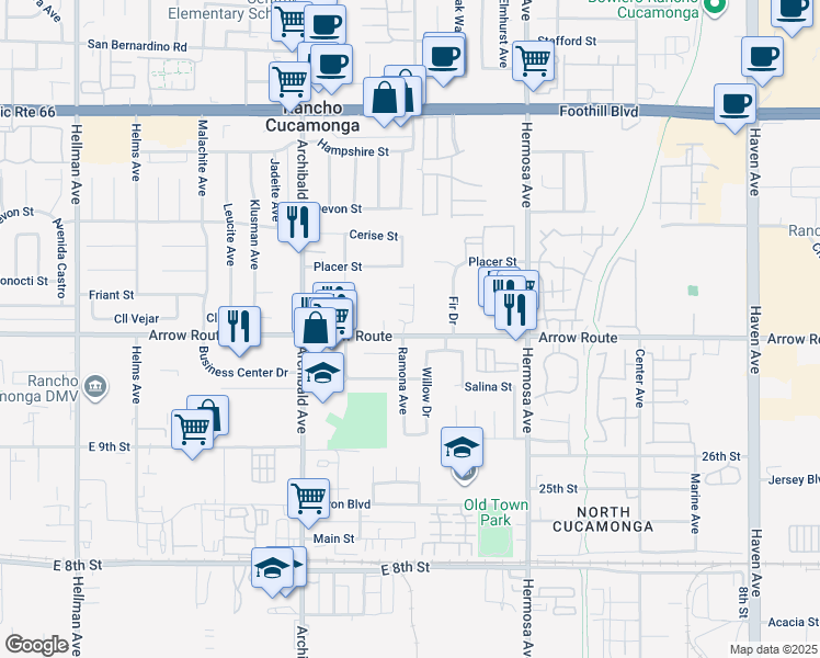 map of restaurants, bars, coffee shops, grocery stores, and more near 9888 Arrow Route in Rancho Cucamonga