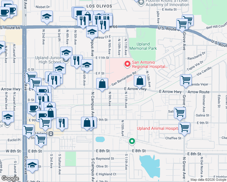 map of restaurants, bars, coffee shops, grocery stores, and more near 906 East Arrow Highway in Upland