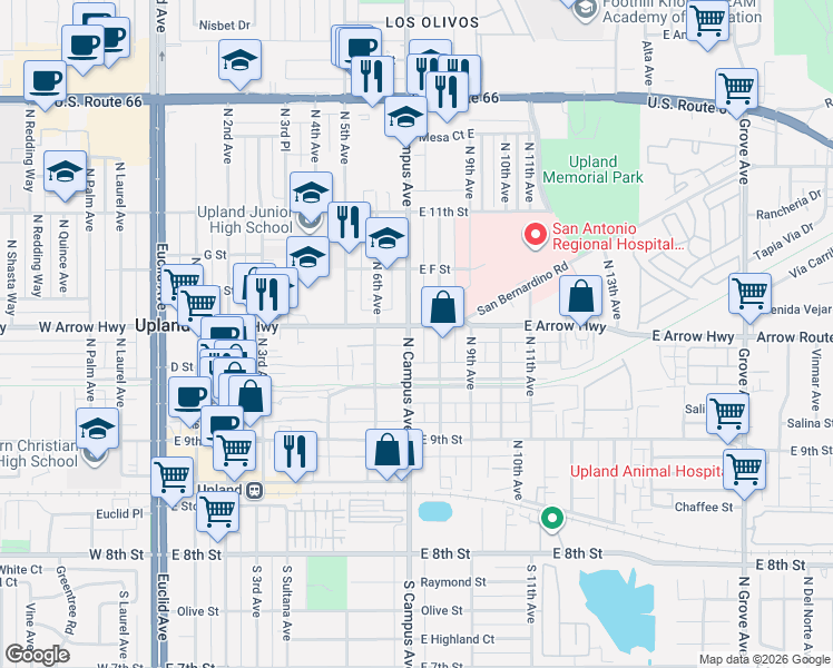 map of restaurants, bars, coffee shops, grocery stores, and more near 481 North 8th Avenue in Upland