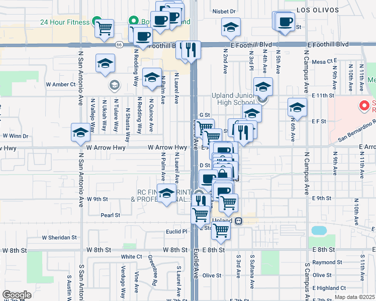 map of restaurants, bars, coffee shops, grocery stores, and more near in Upland