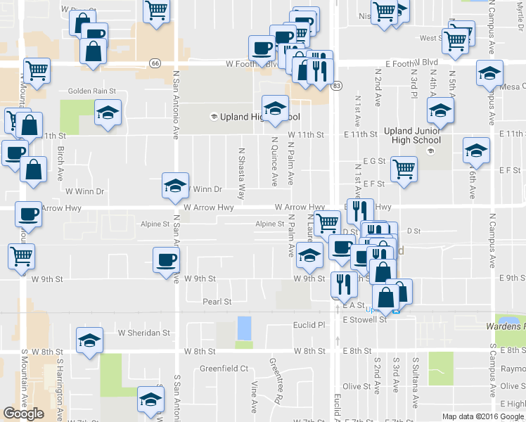 map of restaurants, bars, coffee shops, grocery stores, and more near 344 West Arrow Highway in Upland