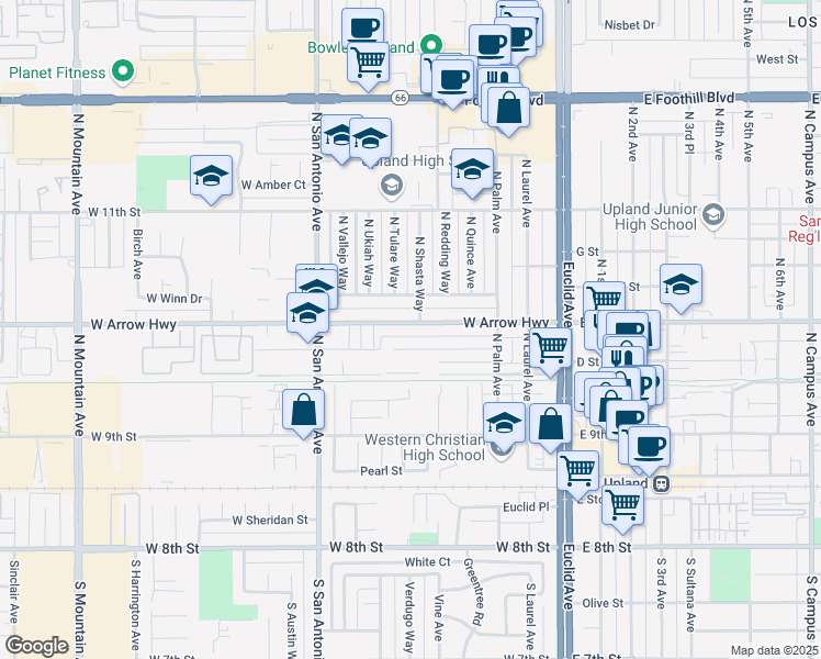 map of restaurants, bars, coffee shops, grocery stores, and more near 500 West Arrow Highway in Upland