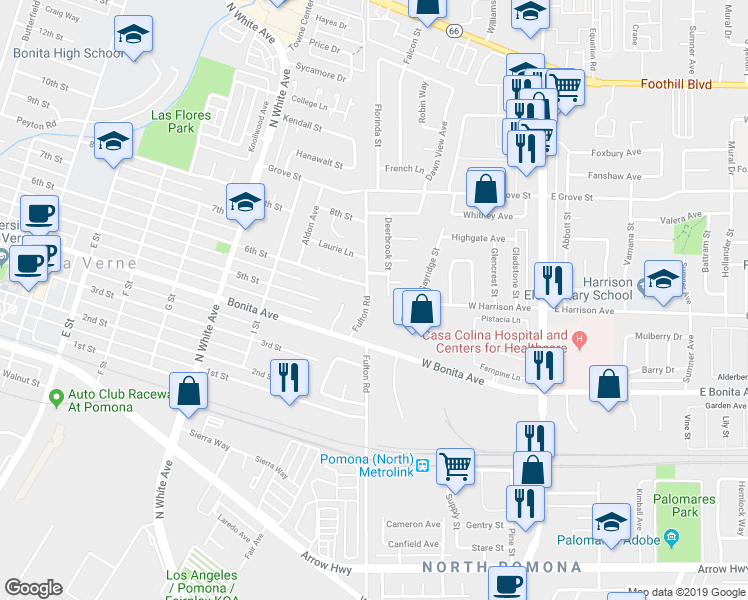 map of restaurants, bars, coffee shops, grocery stores, and more near 2948 Fulton Road in Pomona