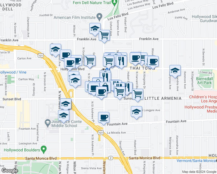 map of restaurants, bars, coffee shops, grocery stores, and more near 5425 Harold Way in Los Angeles