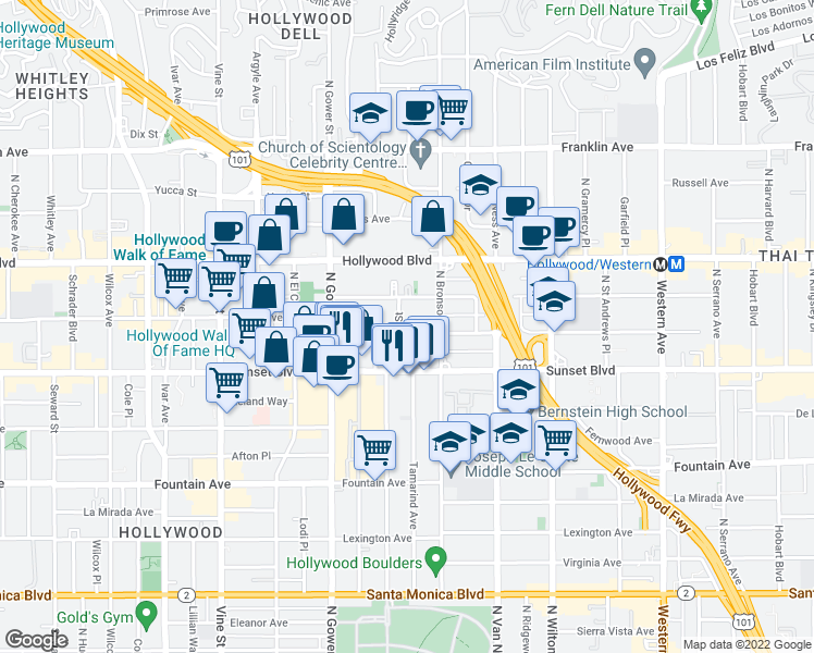 map of restaurants, bars, coffee shops, grocery stores, and more near 1545 Gordon Street in Los Angeles