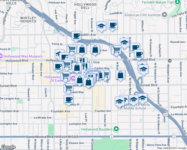 map of restaurants, bars, coffee shops, grocery stores, and more near 6078 Selma Avenue in Los Angeles
