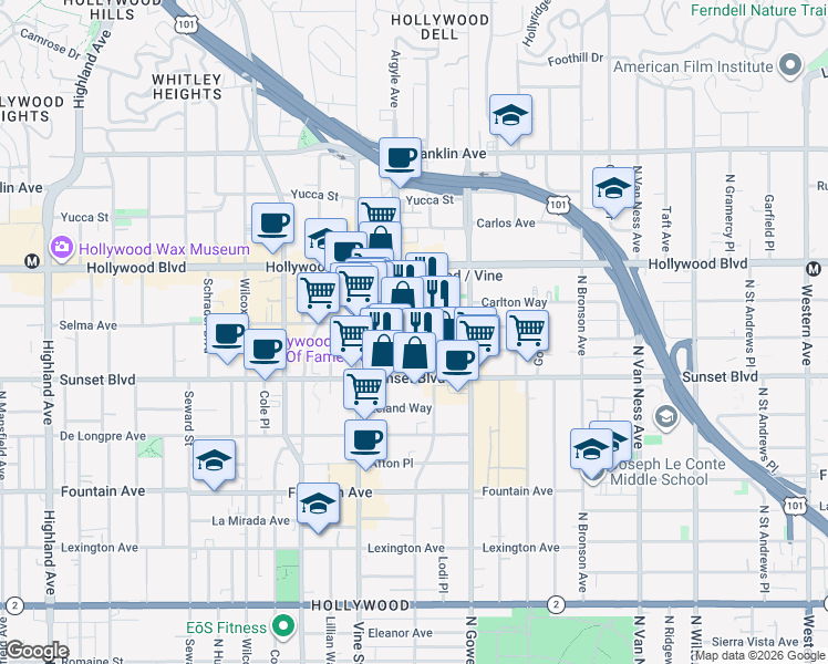 map of restaurants, bars, coffee shops, grocery stores, and more near 1559 North El Centro Avenue in Los Angeles