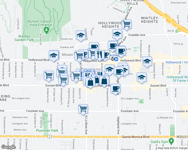 map of restaurants, bars, coffee shops, grocery stores, and more near 7027 Lanewood Avenue in Los Angeles