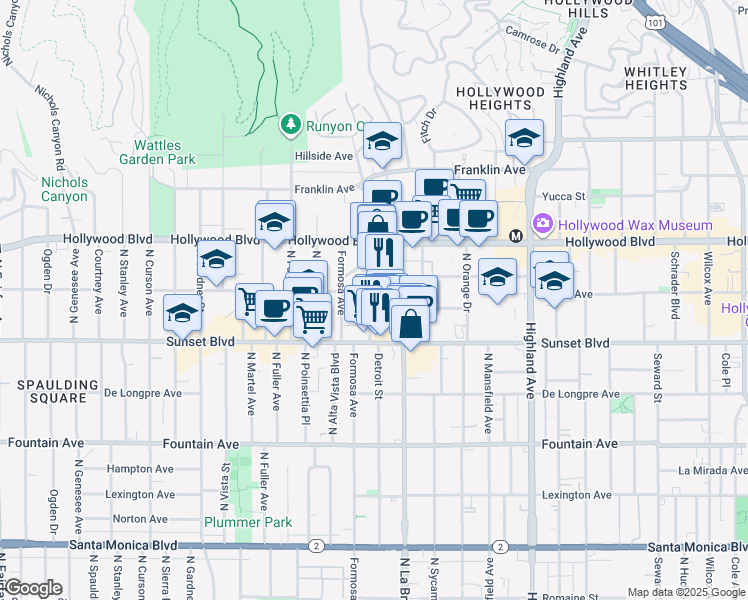 map of restaurants, bars, coffee shops, grocery stores, and more near 7124 Hawthorn Avenue in Los Angeles