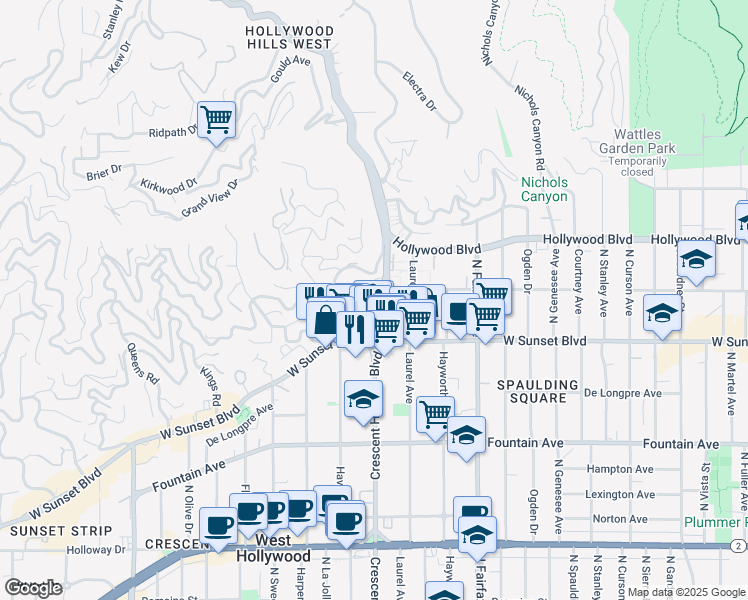 map of restaurants, bars, coffee shops, grocery stores, and more near 1558 North Crescent Heights Boulevard in West Hollywood