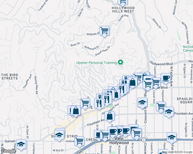 map of restaurants, bars, coffee shops, grocery stores, and more near 8448 Franklin Avenue in Los Angeles