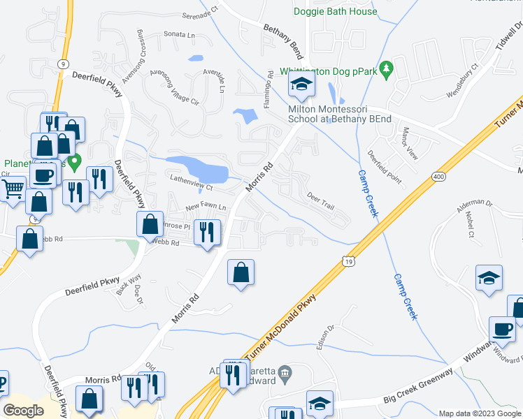 map of restaurants, bars, coffee shops, grocery stores, and more near 4321 Deer Trail in Milton