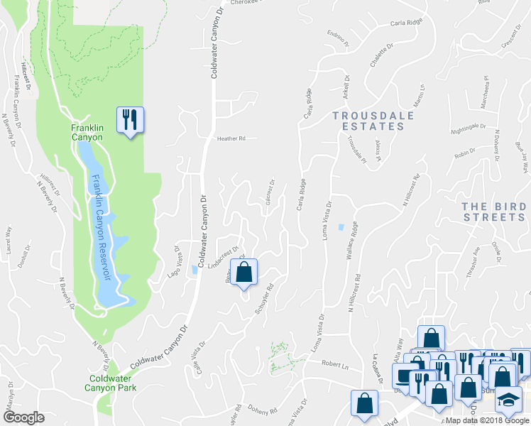 map of restaurants, bars, coffee shops, grocery stores, and more near 9369 Lloydcrest Drive in Beverly Hills