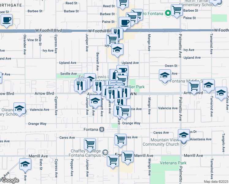 map of restaurants, bars, coffee shops, grocery stores, and more near 16876 Arrow Boulevard in Fontana