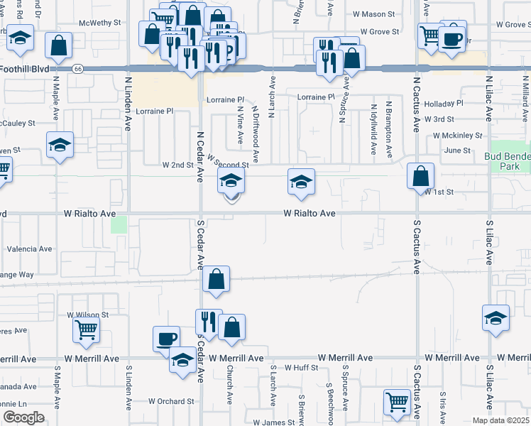 map of restaurants, bars, coffee shops, grocery stores, and more near 100 South Larch Avenue in Rialto