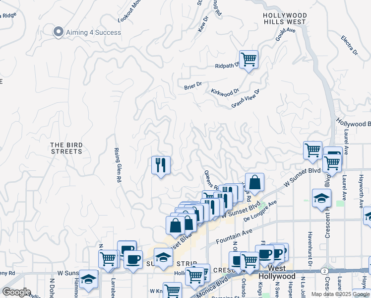 map of restaurants, bars, coffee shops, grocery stores, and more near 8650 Franklin Avenue in Los Angeles