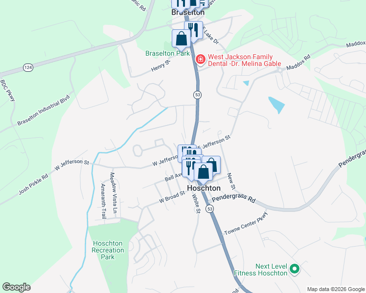 map of restaurants, bars, coffee shops, grocery stores, and more near 37 Main Street in Hoschton