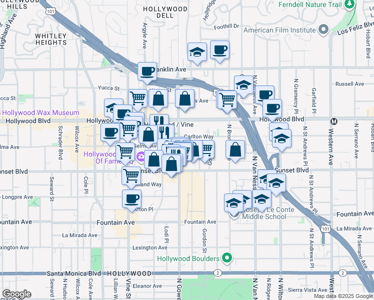 map of restaurants, bars, coffee shops, grocery stores, and more near 6078 Selma Avenue in Los Angeles