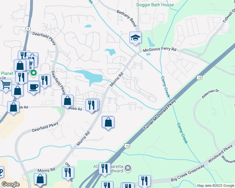 map of restaurants, bars, coffee shops, grocery stores, and more near 4321 Deer Trail in Milton