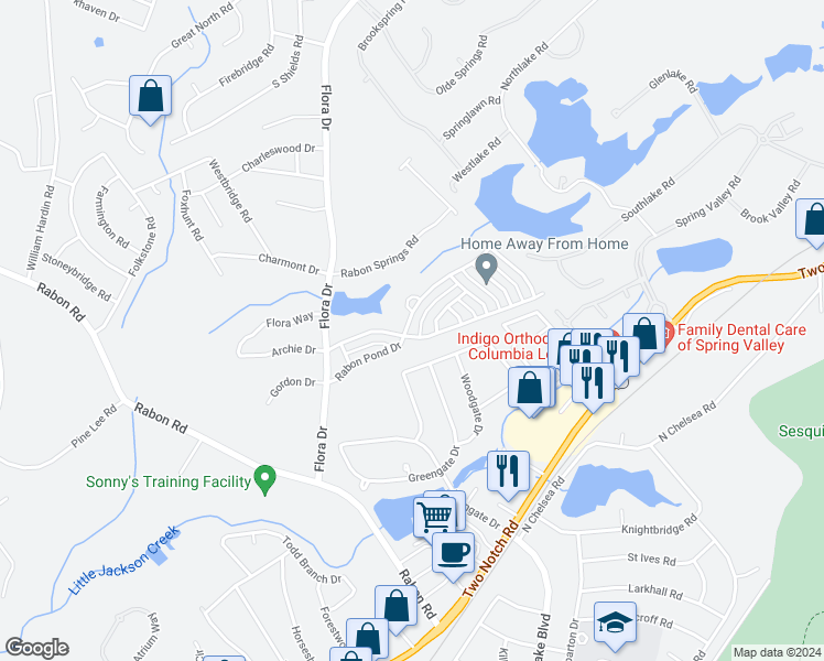 map of restaurants, bars, coffee shops, grocery stores, and more near 1104 Rabon Pond Drive in Columbia