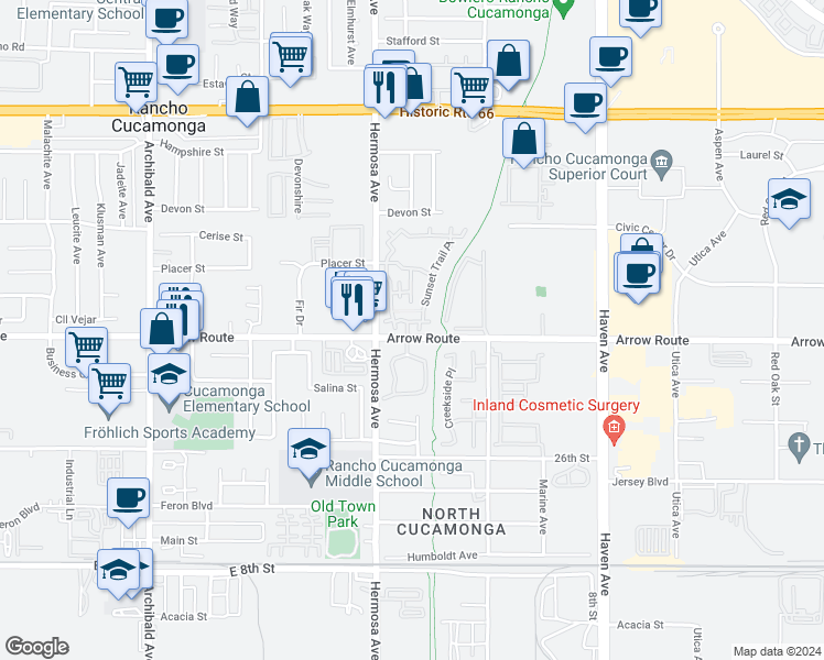 map of restaurants, bars, coffee shops, grocery stores, and more near 10171 Indian Summer Drive in Rancho Cucamonga