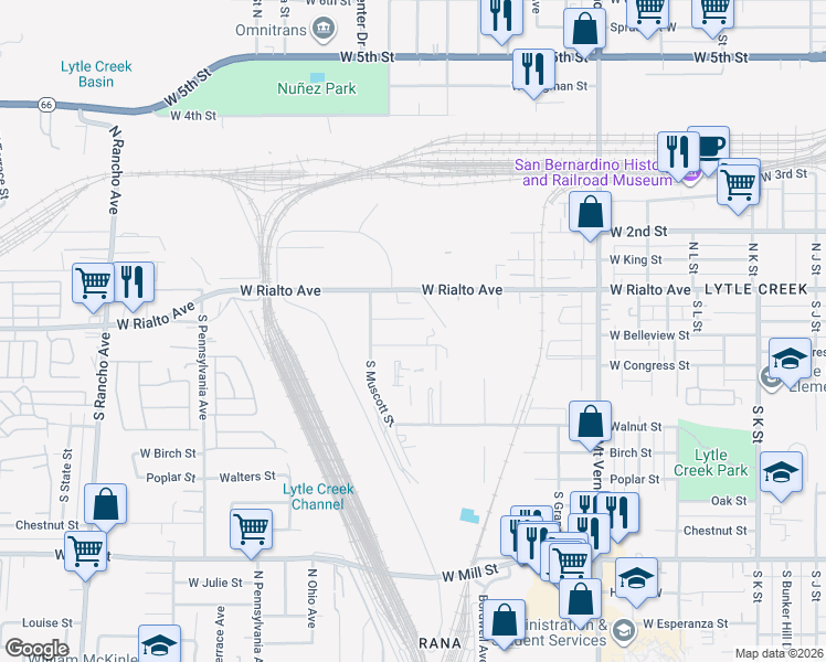 map of restaurants, bars, coffee shops, grocery stores, and more near 1625 West Belleview Street in San Bernardino