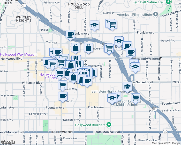 map of restaurants, bars, coffee shops, grocery stores, and more near 6078 Selma Avenue in Los Angeles
