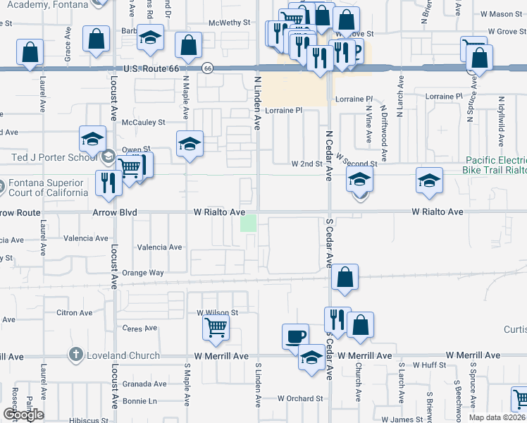 map of restaurants, bars, coffee shops, grocery stores, and more near 2930 West Rialto Avenue in Rialto