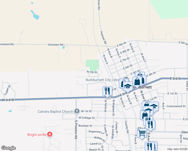 map of restaurants, bars, coffee shops, grocery stores, and more near 309 West 6th Street in Burkburnett