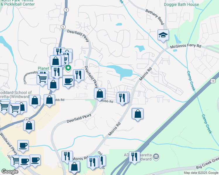 map of restaurants, bars, coffee shops, grocery stores, and more near 3380 New Fawn Lane in Milton