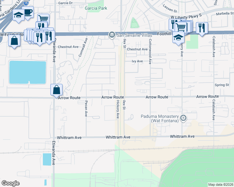 map of restaurants, bars, coffee shops, grocery stores, and more near 8474 Ilex Street in Fontana