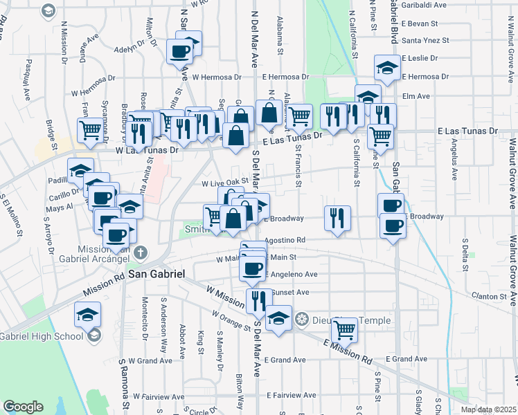 map of restaurants, bars, coffee shops, grocery stores, and more near 240 South Del Mar Avenue in San Gabriel