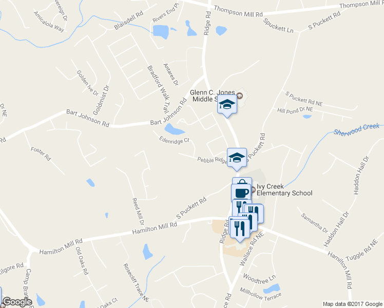 map of restaurants, bars, coffee shops, grocery stores, and more near 3304 Edenridge Court in Buford