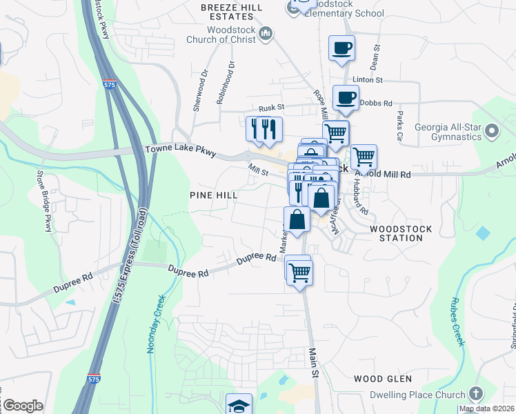map of restaurants, bars, coffee shops, grocery stores, and more near 142 Maple Street in Woodstock