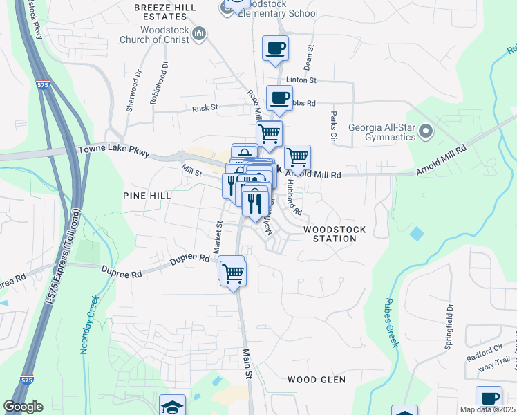 map of restaurants, bars, coffee shops, grocery stores, and more near 380 Chambers Street in Woodstock